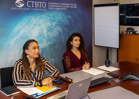 Public information officers La Neice Collins and Sanam Shantyaei delivering communications workshop 