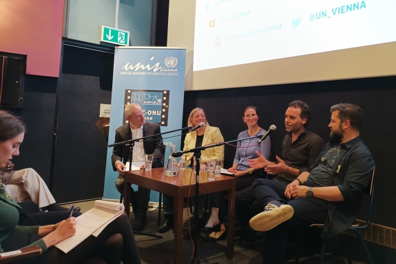 Panellists during podium discussion (Left to right): Nesirky, Petersen, Slinkard, Frade and Hein