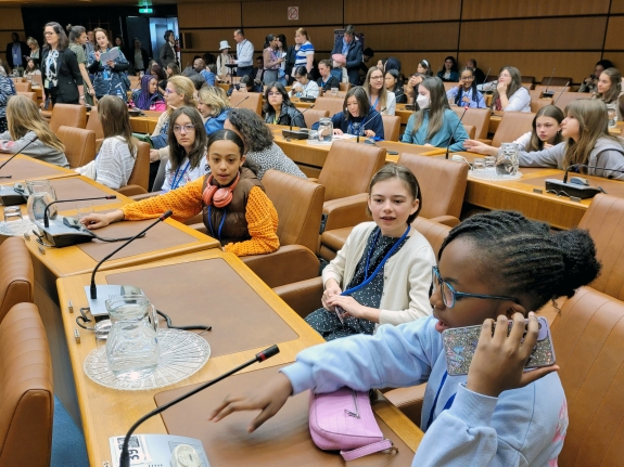 Girls awaiting start of opening session of Daughters’ Day 2023 at Vienna International Centre (VIC)