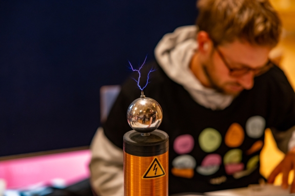 Tesla coil on display at booth at Lower Austria Research Festival 