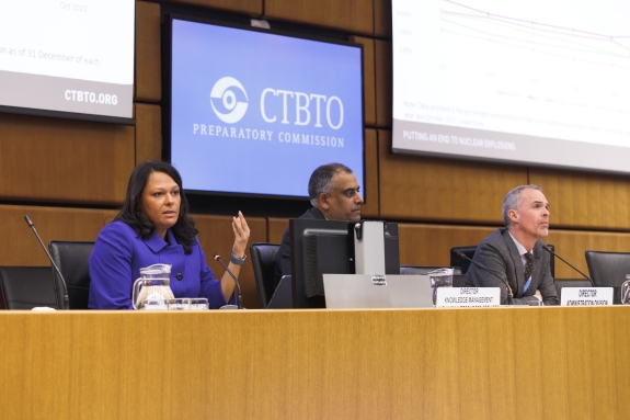 (Left to right) Director of Knowledge Management and Human Resources, Deepti Choubey; Director of the Division of Administration, Uday Dayal; and Legal and External Relations Coordinator, Joseph Ballard