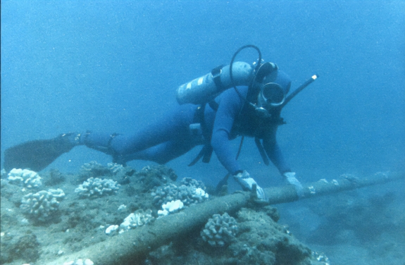 Diver places underwater cable at hydroacoustic station HA08 in the Chagos Archipelago