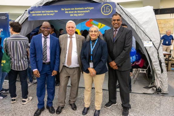CTBTO Directors at Long Night of Research (Left to Right): Dounia Keda, IDC Division Director; Oleg Rozhkov, OSI Division Director; Xyoli Perez Campos, IMS Division Director; and Uday Dayal, Administration Division Director