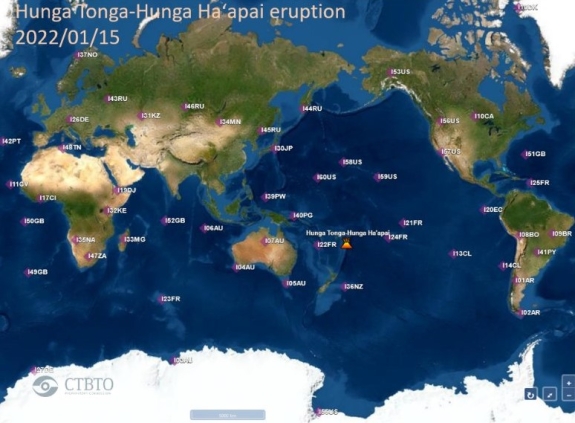 Map of all 53 CTBTO infrasound stations detecting Hunga Tonga-Hunga Ha’apai’s eruption