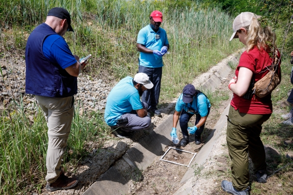 Surrogate inspector collects a soil sample in a shallow ditch