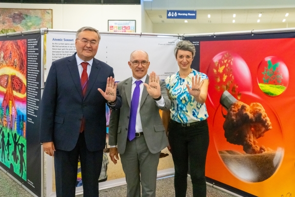 (Left to right) Mukhtar Tileuberdi, Permanent Representative of Kazakhstan to the United Nations in Vienna, Floyd and Rebecca Jovin, Chief of Office at the United Nations Office for Disarmament Affairs
