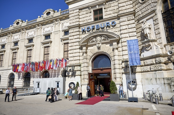 Exterior of Hofburg Conference Centre on high-level day of SnT2025