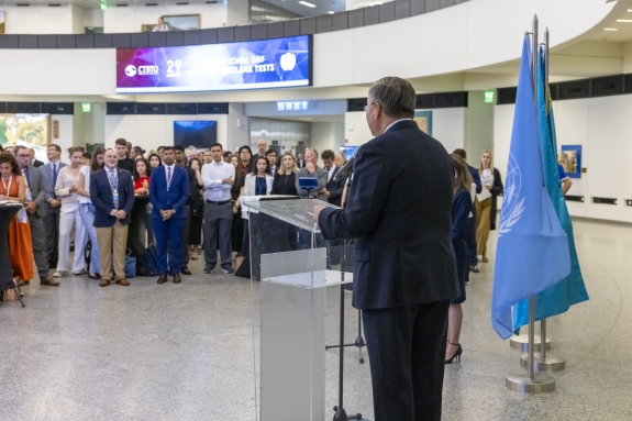 Mukhtar Tileuberdi, Permanent Representative of Kazakhstan to UN in Vienna speaking at event  
