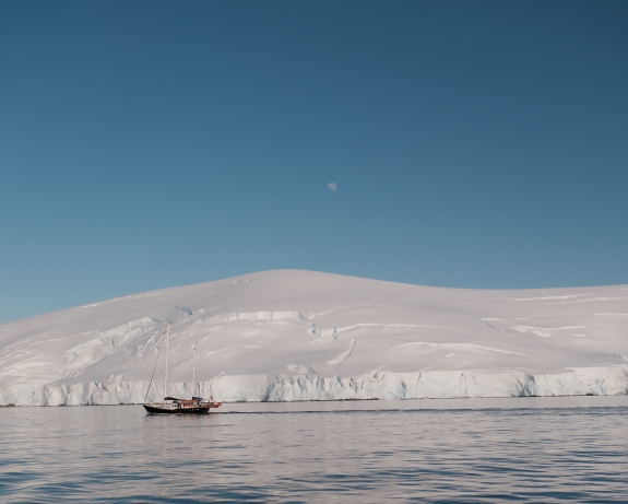 The Pelagic S/V Amundsen passes another expedition sailboat in Gerlache Strait