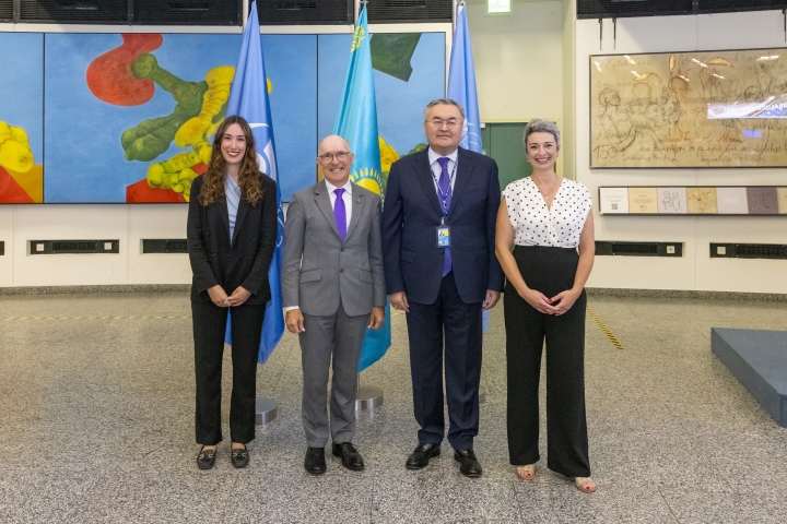 Group photo of keynote speakers (Left to right) Cogliatti, Floyd, Tileuberdi, and Rebecca Jovin, Chief of Office at United Nations  