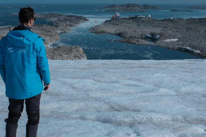 Taking in view of Arthur Harbour from the glacier behind element H3, as installation team returned to Palmer Station